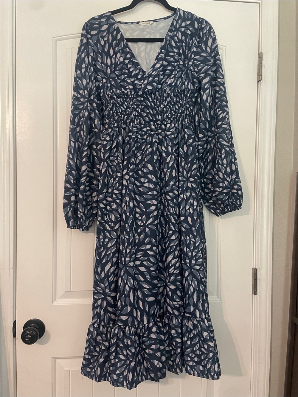 Leaf-Print Smocked Maxi Dress in Navy